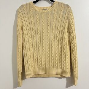 LL Bean CableKnit Sweater Size L Yellow Cotton Pullover Preppy Tennis Fisherman
